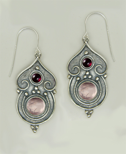 Sterling Silver Gothic Inspired Drop Dangle Earrings With Rose Quartz And Garnet